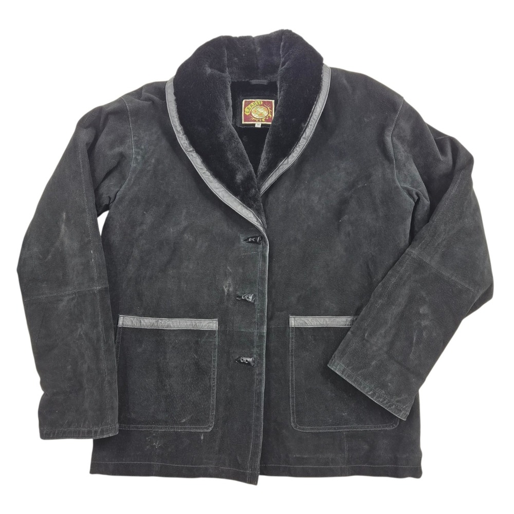 Vintage Learsi Black Suede Leather Faux‎ Fur Trim Jacket Coat M